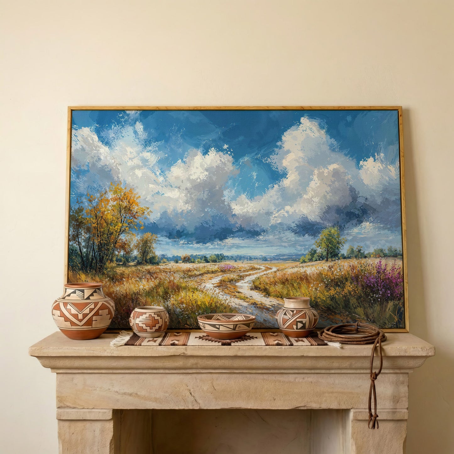 Wheat Field Path Canvas Print in white oak floating frame