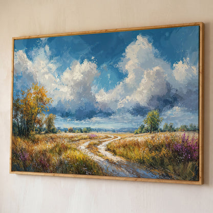 Wheat Field Path Canvas Print shown in white oak floating frame