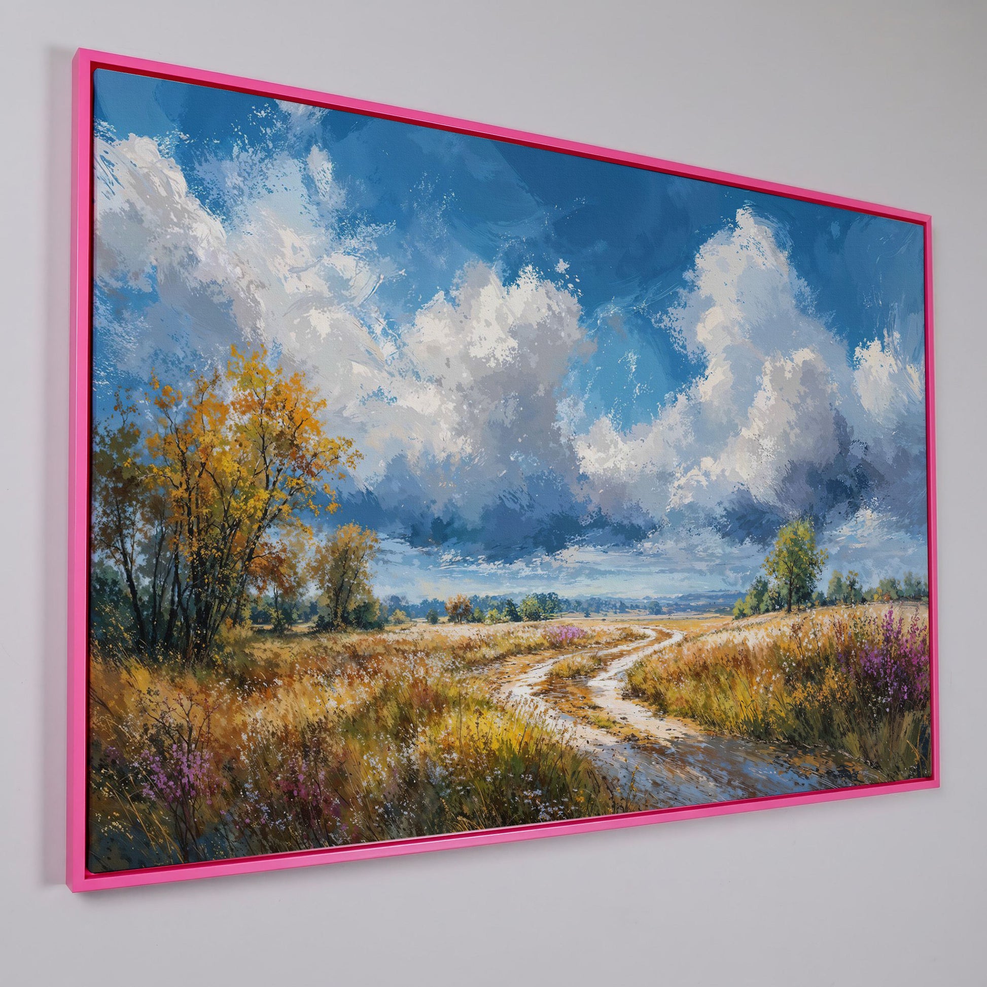 Wheat Field Path Canvas Print in pink floating frame