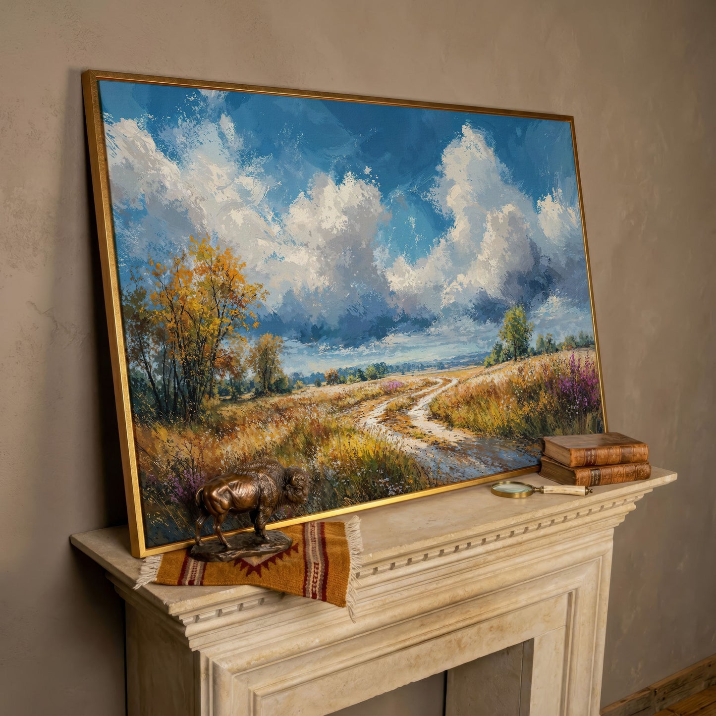 Wheat Field Path Canvas Print in rose gold floating frame