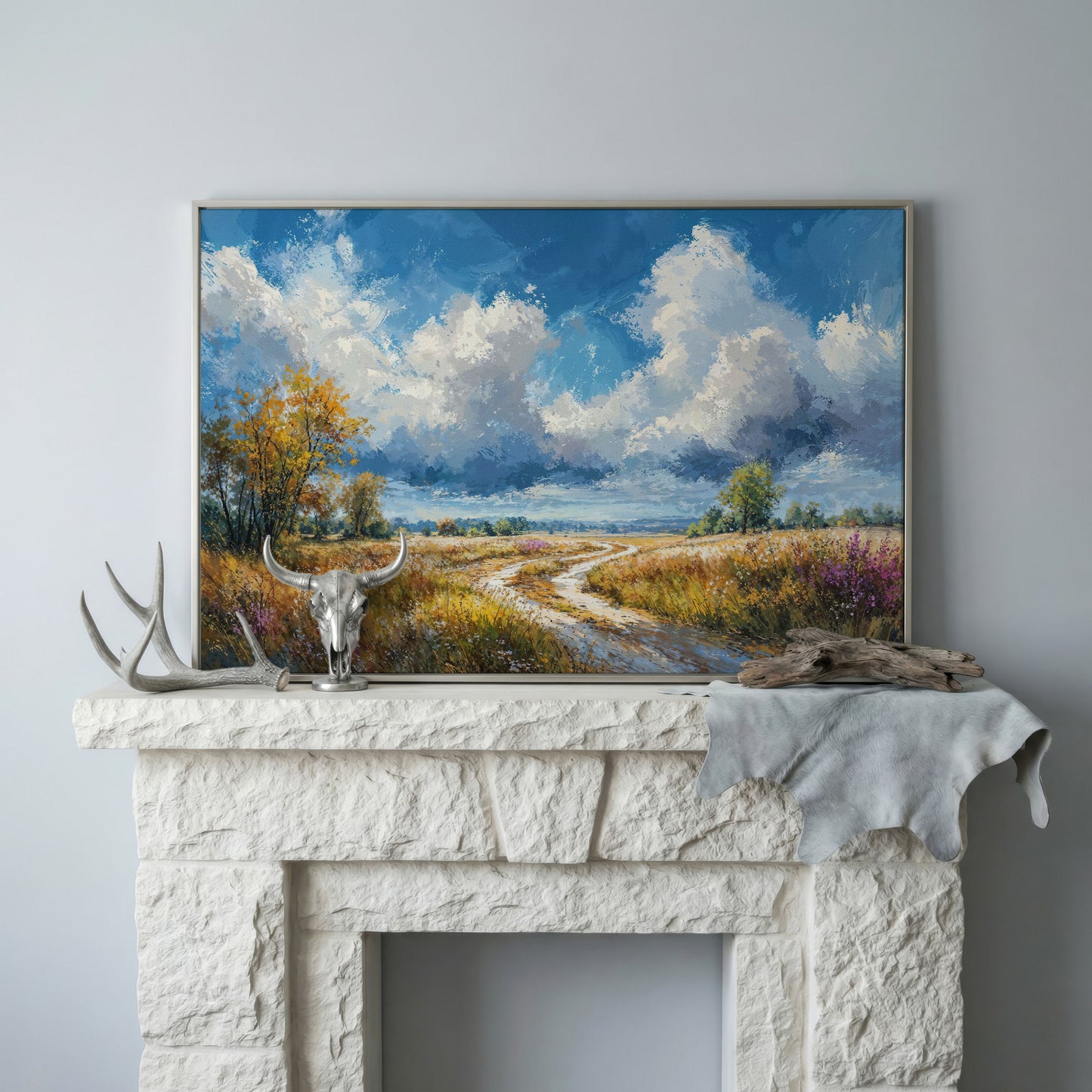 Wheat Field Path Canvas Print in silver floating frame