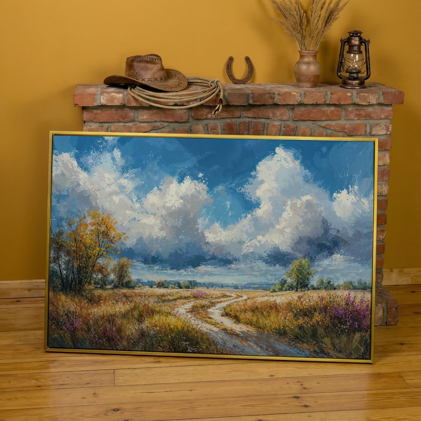 Wheat Field Path Canvas Print in yellow gold floating frame