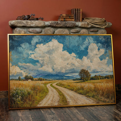 Mountain Landscape with Cloudy Blue Sky Canvas in antique gold floating frame