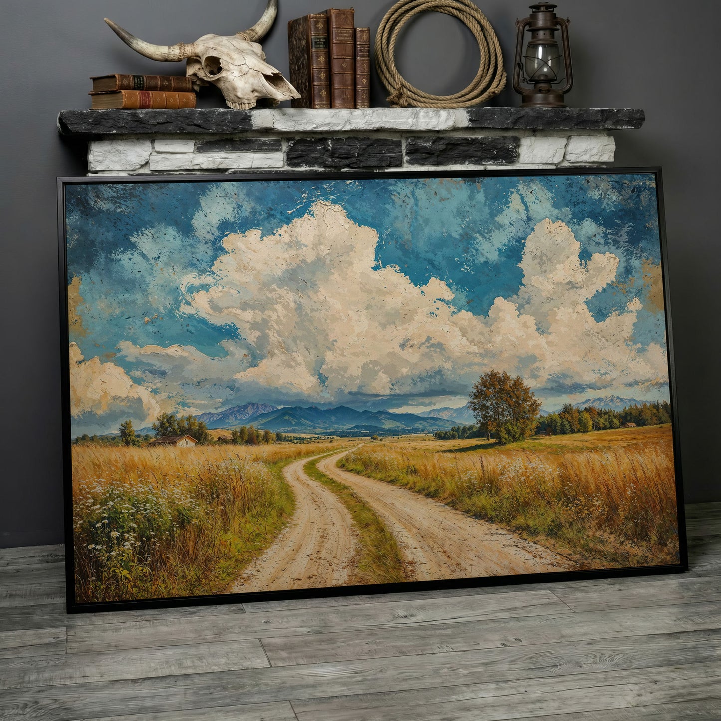 Mountain Landscape with Cloudy Blue Sky Canvas in black floating frame