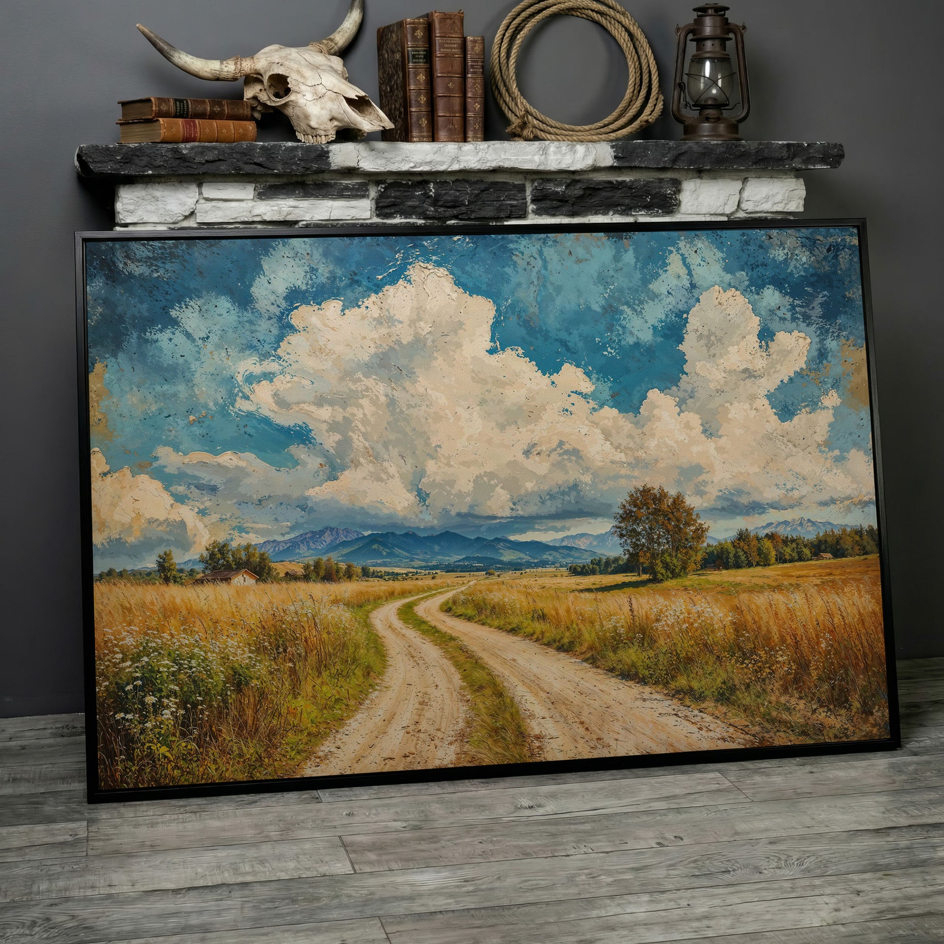 Mountain Landscape with Cloudy Blue Sky Canvas in black floating frame