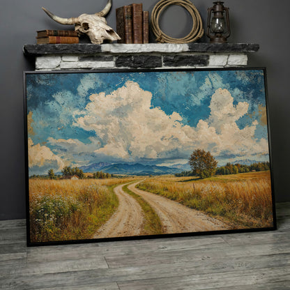 Mountain Landscape with Cloudy Blue Sky Canvas in black floating frame