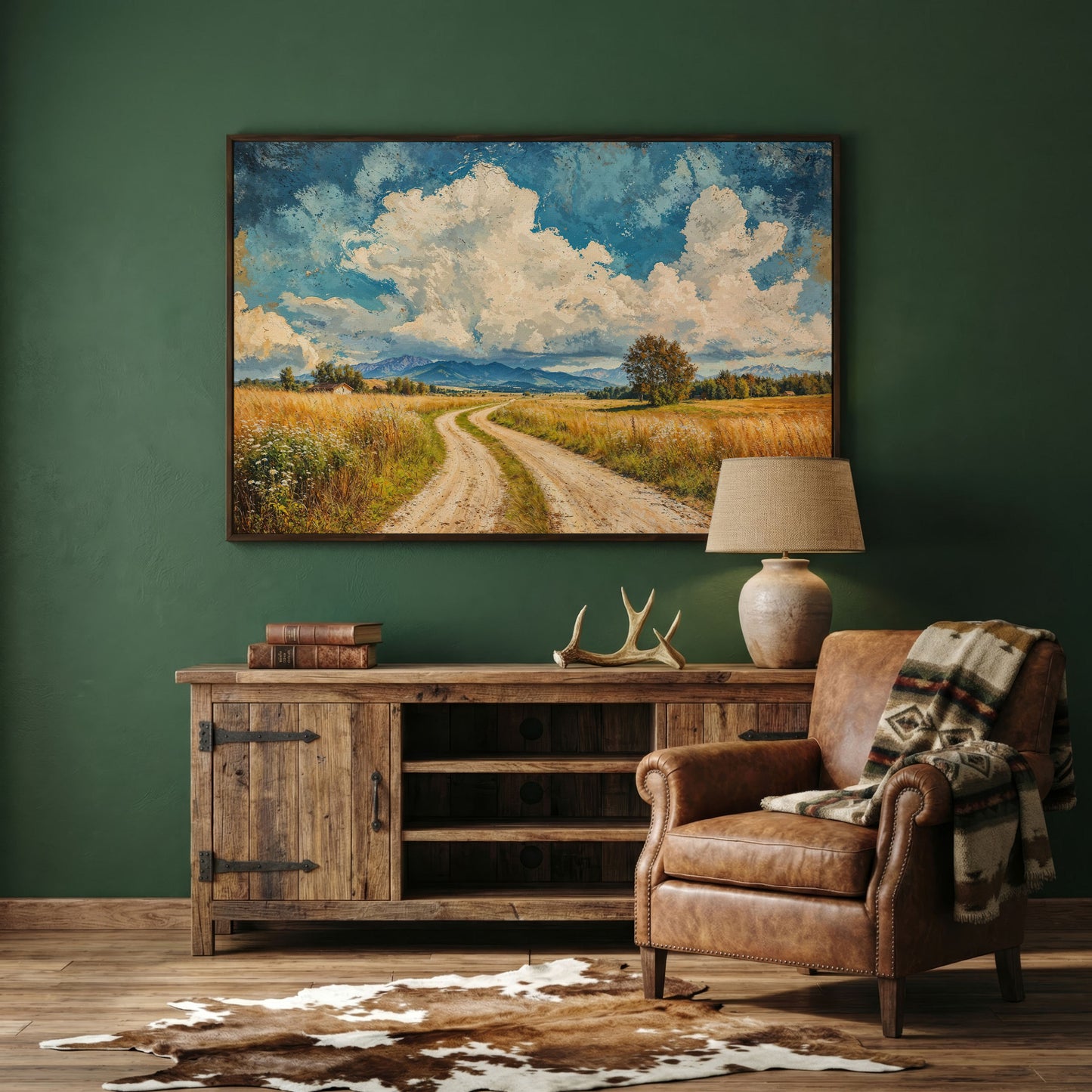 Mountain Landscape with Cloudy Blue Sky Canvas in dark walnut floating frame