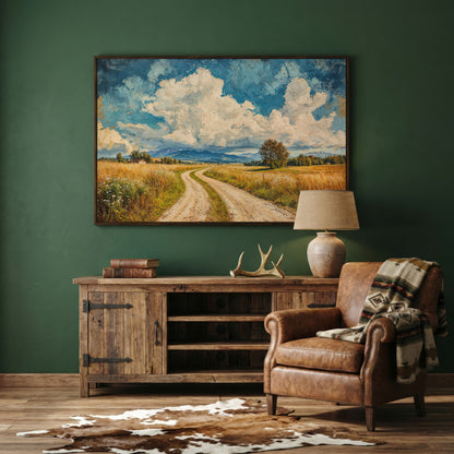 Mountain Landscape with Cloudy Blue Sky Canvas in dark walnut floating frame
