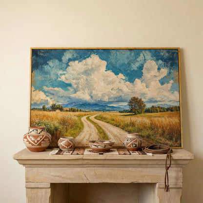 Mountain Landscape with Cloudy Blue Sky Canvas in white oak floating frame