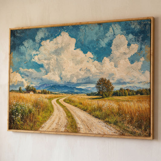 Mountain Landscape with Cloudy Blue Sky Canvas shown in white oak floating frame