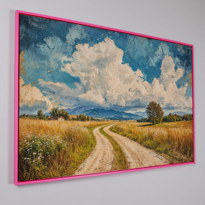 Mountain Landscape with Cloudy Blue Sky Canvas in pink floating frame