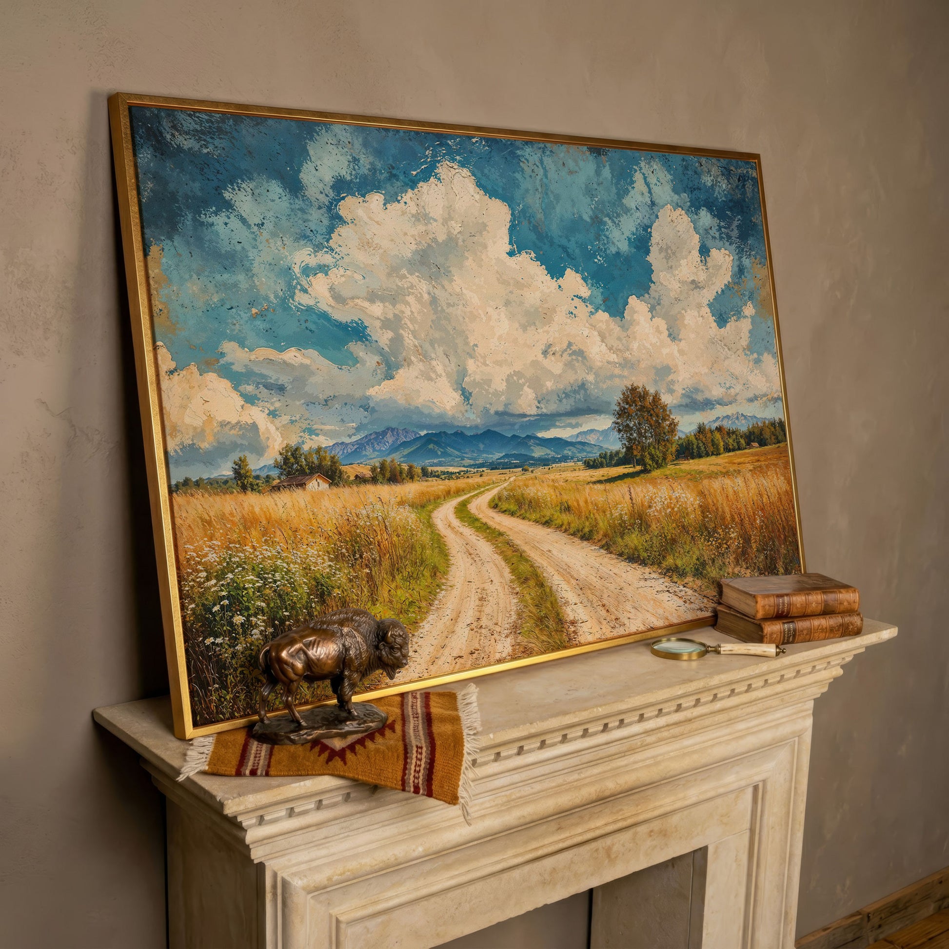 Mountain Landscape with Cloudy Blue Sky Canvas in rose gold floating frame