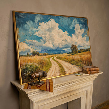 Mountain Landscape with Cloudy Blue Sky Canvas in rose gold floating frame