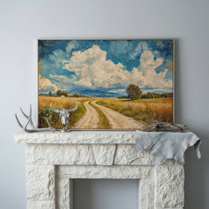 Mountain Landscape with Cloudy Blue Sky Canvas in silver floating frame