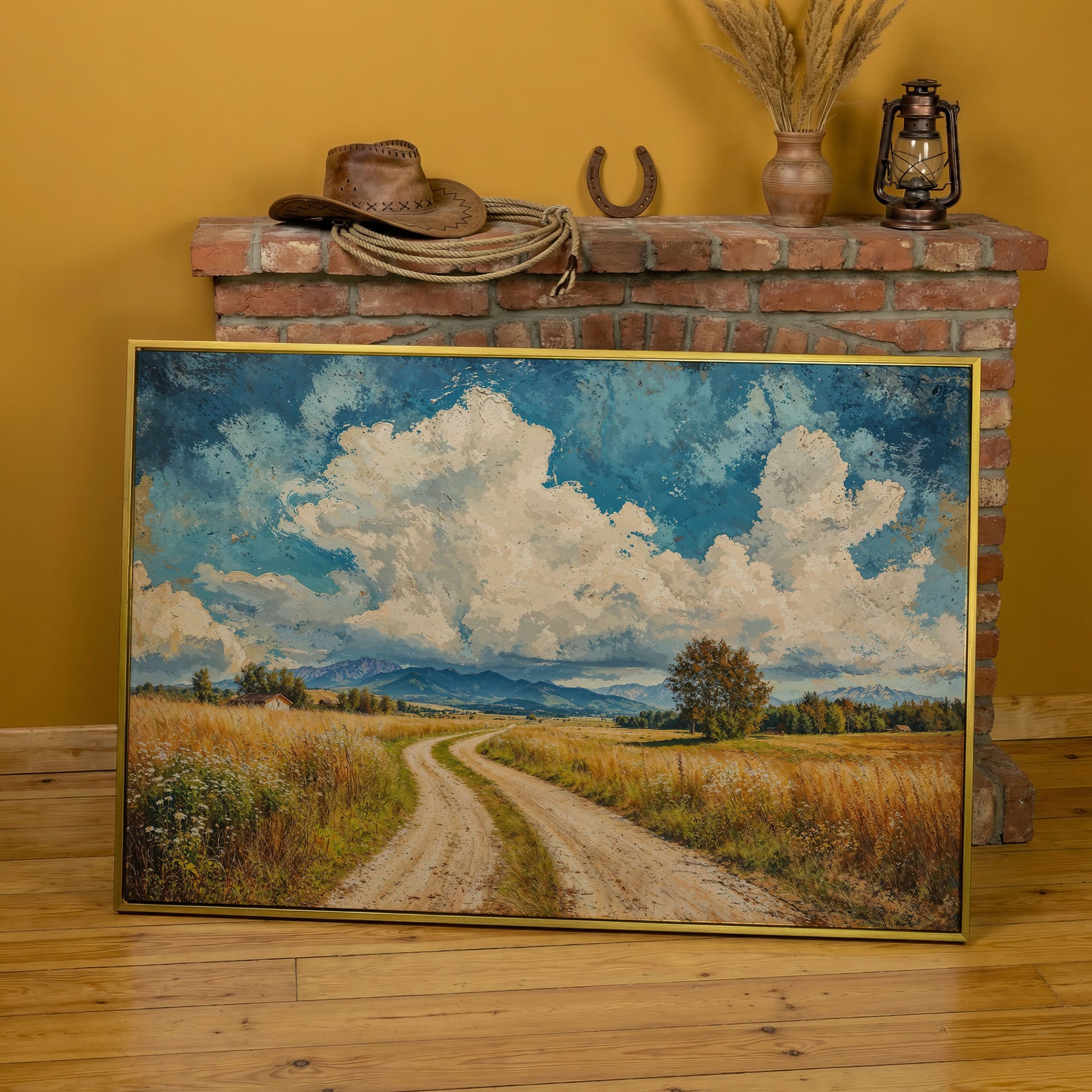 Mountain Landscape with Cloudy Blue Sky Canvas in yellow gold floating frame