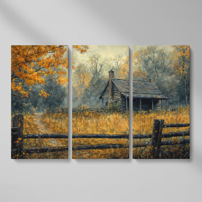 Autumn Forest Cabin Pathway Canvas as 3-panel split version