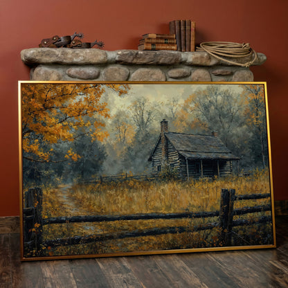 Autumn Forest Cabin Pathway Canvas in antique gold floating frame