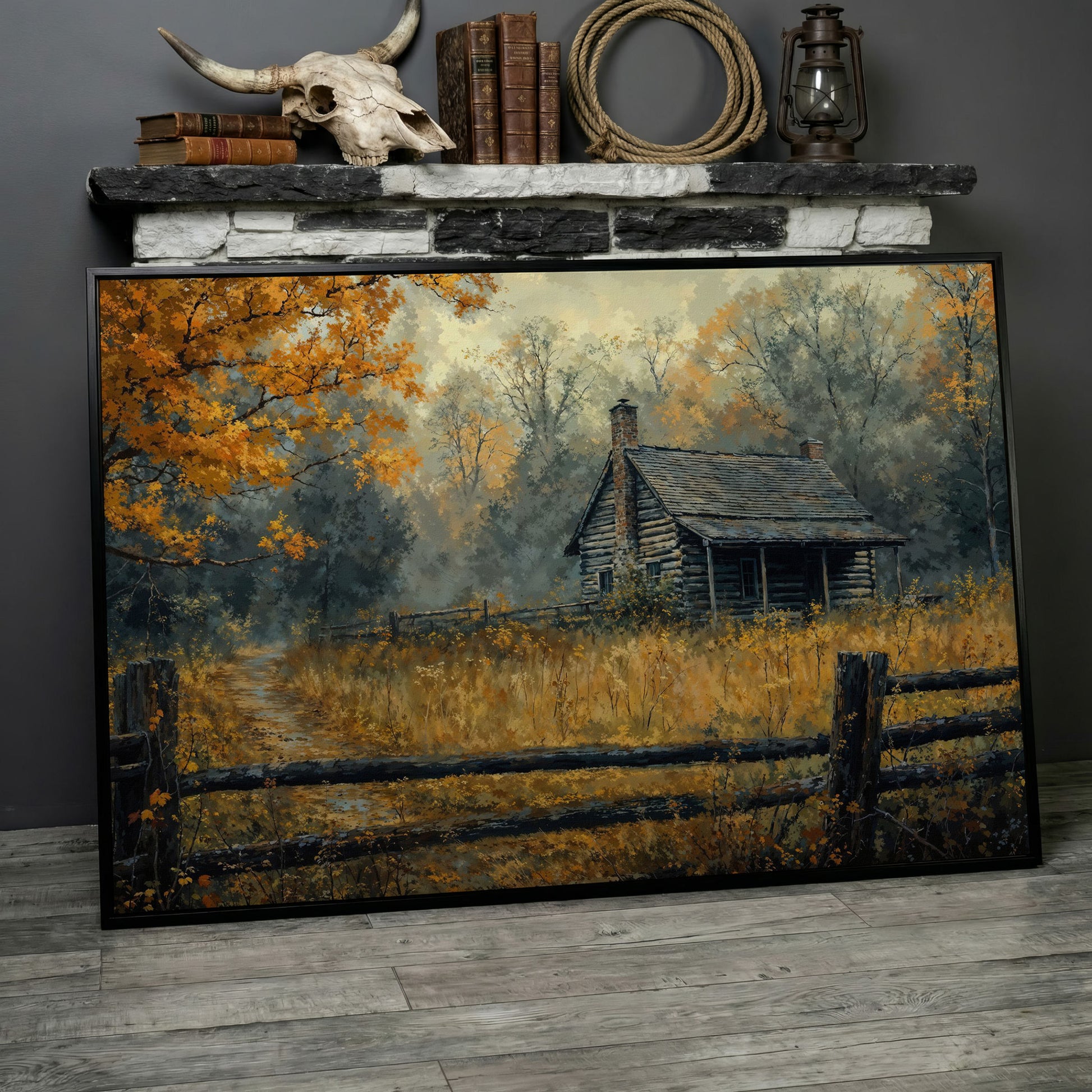 Autumn Forest Cabin Pathway Canvas in black floating frame