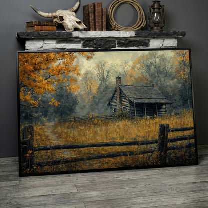 Autumn Forest Cabin Pathway Canvas in black floating frame