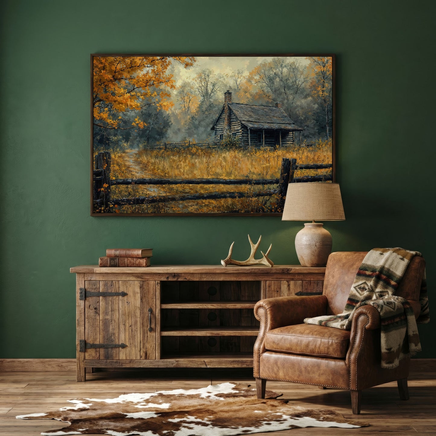 Autumn Forest Cabin Pathway Canvas in dark walnut floating frame