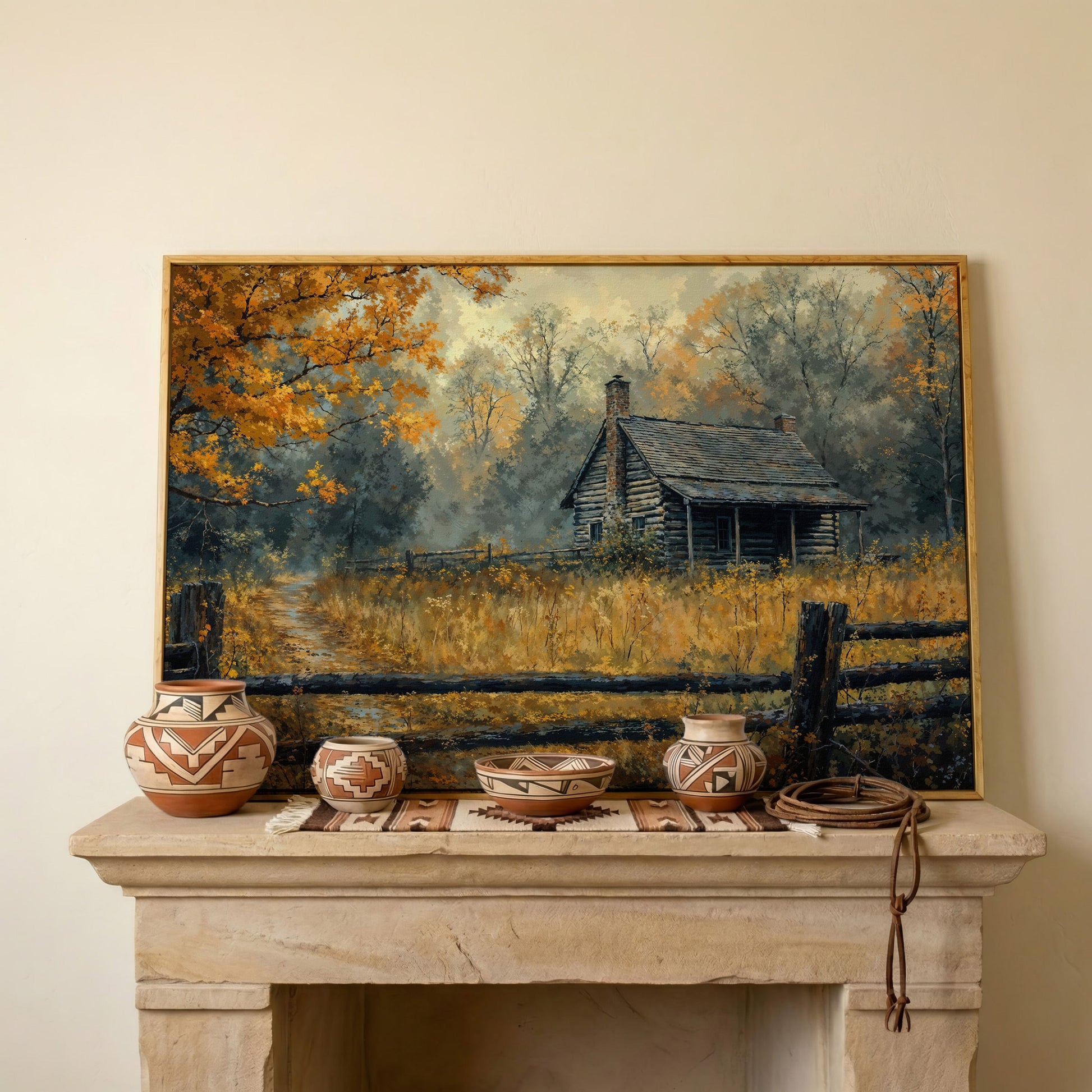 Autumn Forest Cabin Pathway Canvas in white oak floating frame