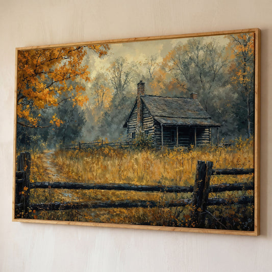 Autumn Forest Cabin Pathway Canvas shown in white oak floating frame