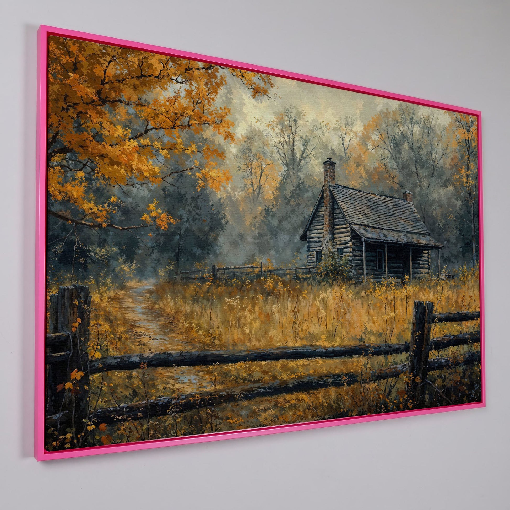 Autumn Forest Cabin Pathway Canvas in pink floating frame