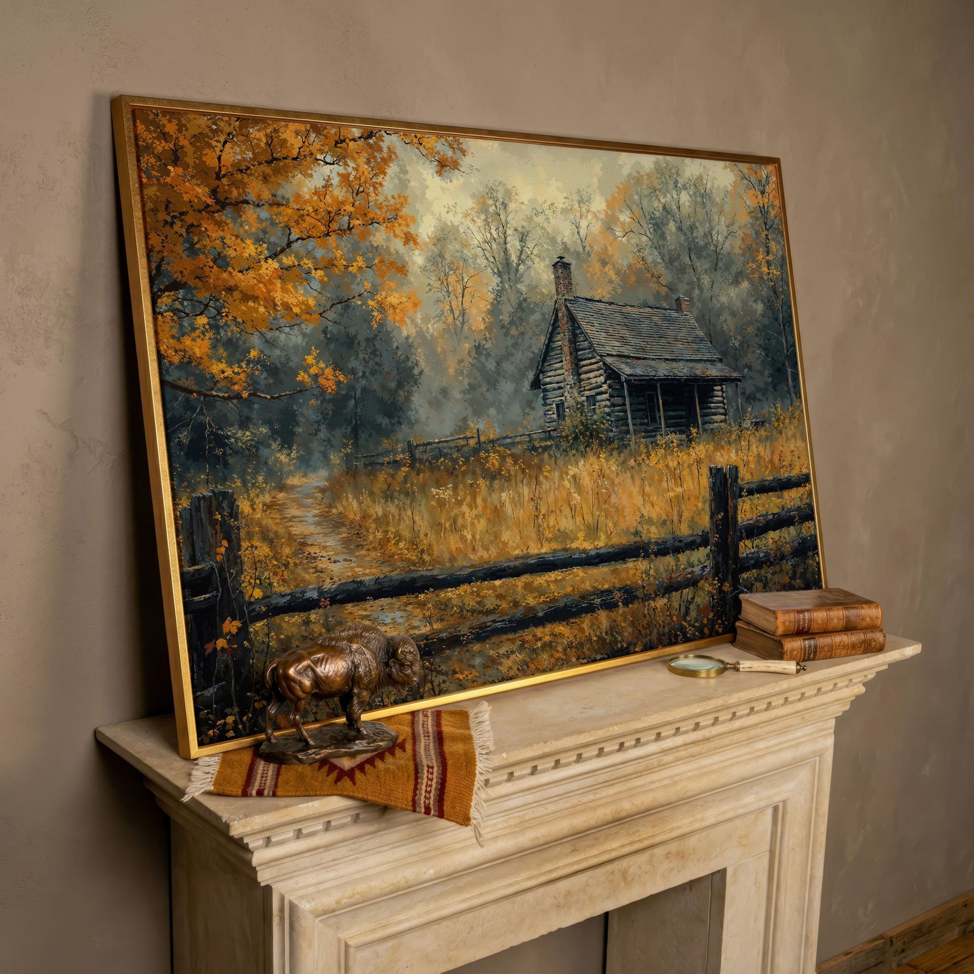 Autumn Forest Cabin Pathway Canvas in rose gold floating frame