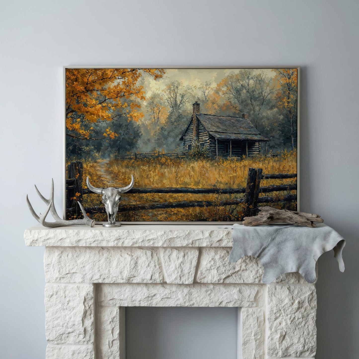 Autumn Forest Cabin Pathway Canvas in silver floating frame
