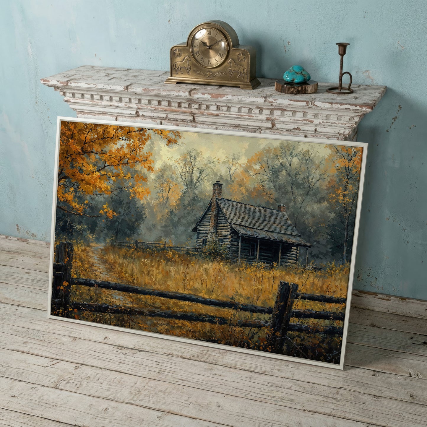 Autumn Forest Cabin Pathway Canvas in white floating frame