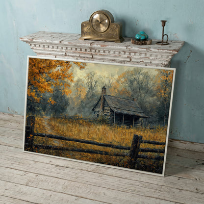 Autumn Forest Cabin Pathway Canvas in white floating frame