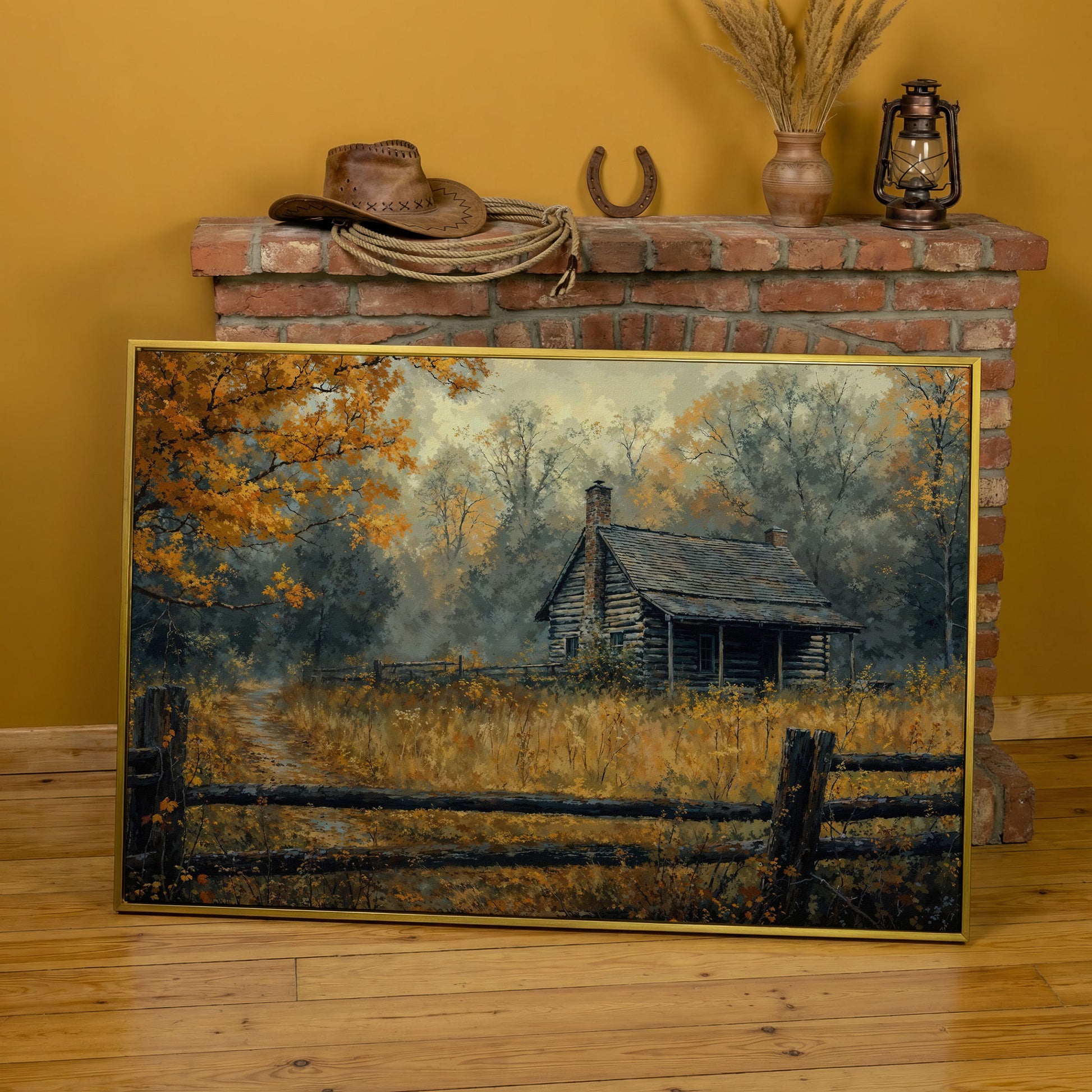 Autumn Forest Cabin Pathway Canvas in yellow gold floating frame