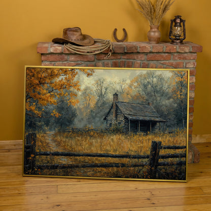 Autumn Forest Cabin Pathway Canvas in yellow gold floating frame