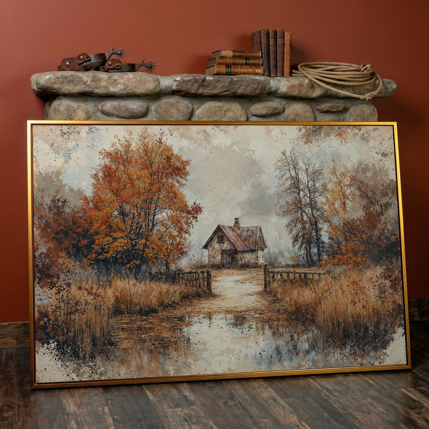 Rustic Log Cabin in Autumn Canvas Wall Art in antique gold floating frame