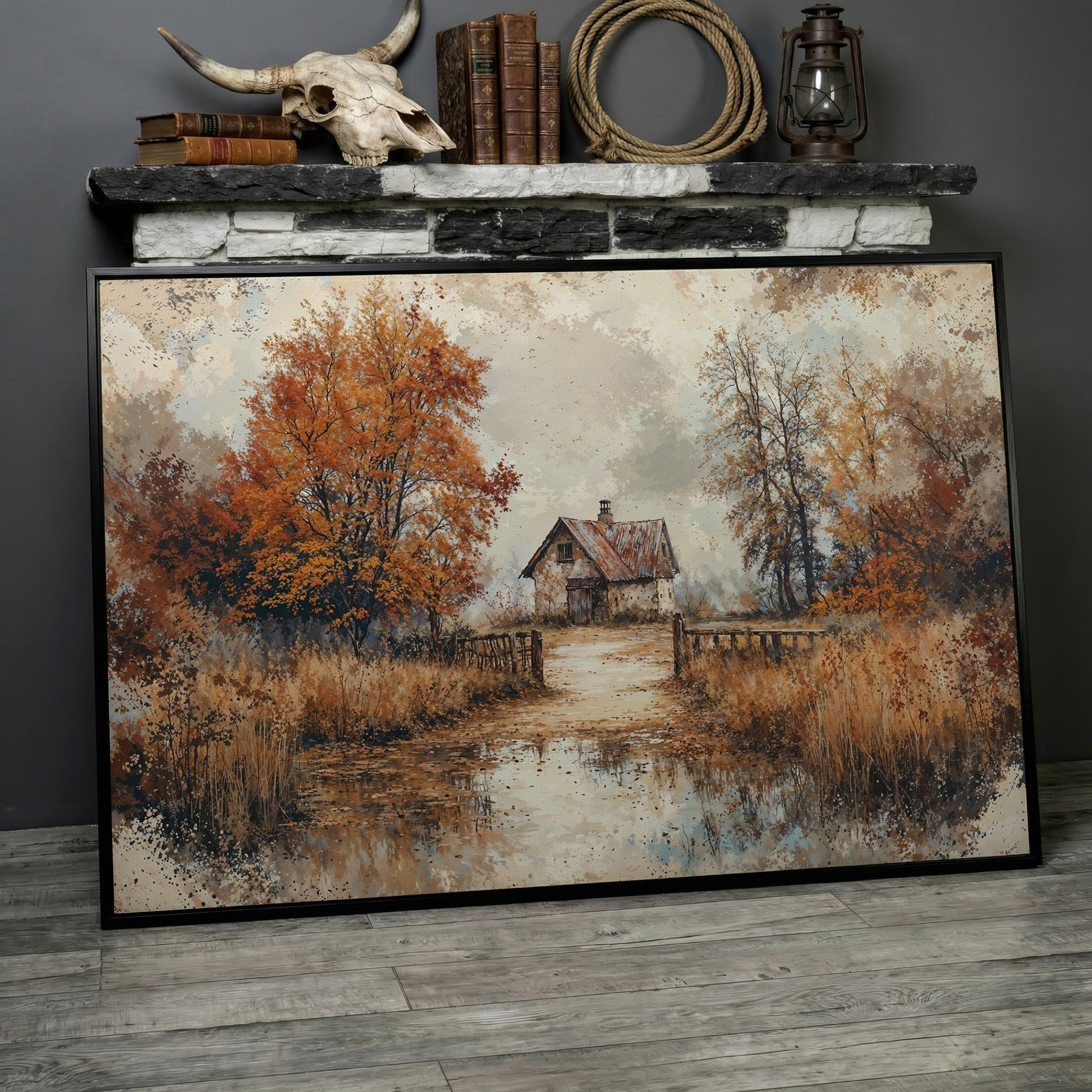 Rustic Log Cabin in Autumn Canvas Wall Art in black floating frame