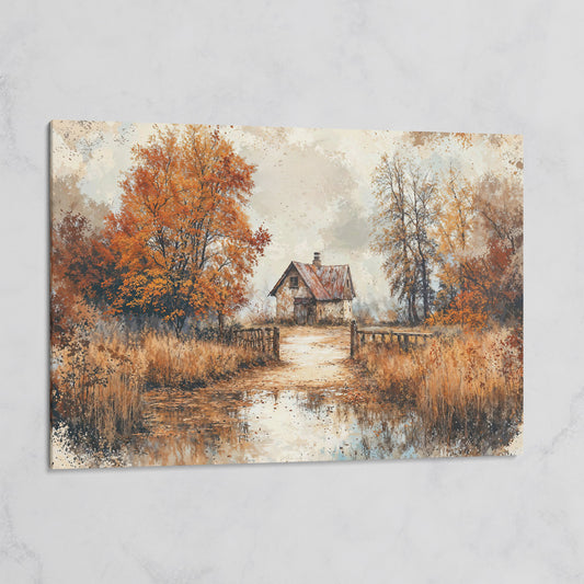 Rustic Log Cabin in Autumn Canvas Wall Art on gallery wrap