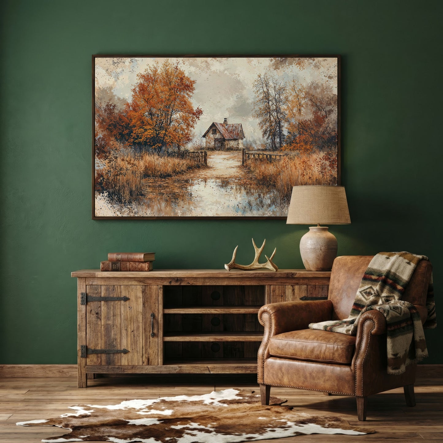 Rustic Log Cabin in Autumn Canvas Wall Art in dark walnut floating frame
