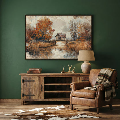 Rustic Log Cabin in Autumn Canvas Wall Art in dark walnut floating frame