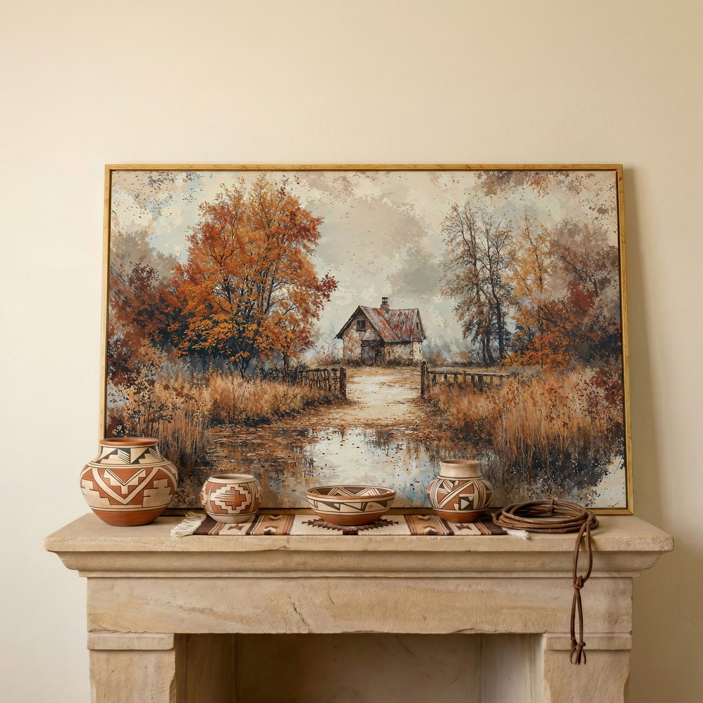 Rustic Log Cabin in Autumn Canvas Wall Art in white oak floating frame