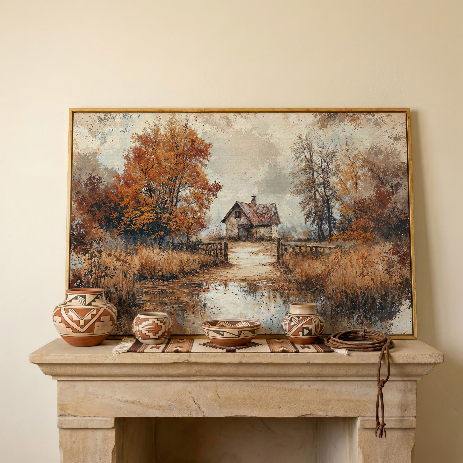 Rustic Log Cabin in Autumn Canvas Wall Art in white oak floating frame