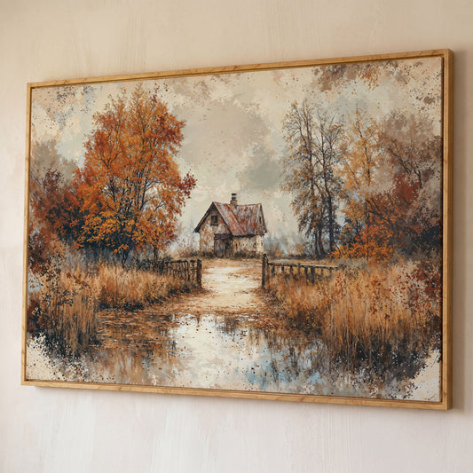 Rustic Log Cabin in Autumn Canvas Wall Art shown in white oak floating frame