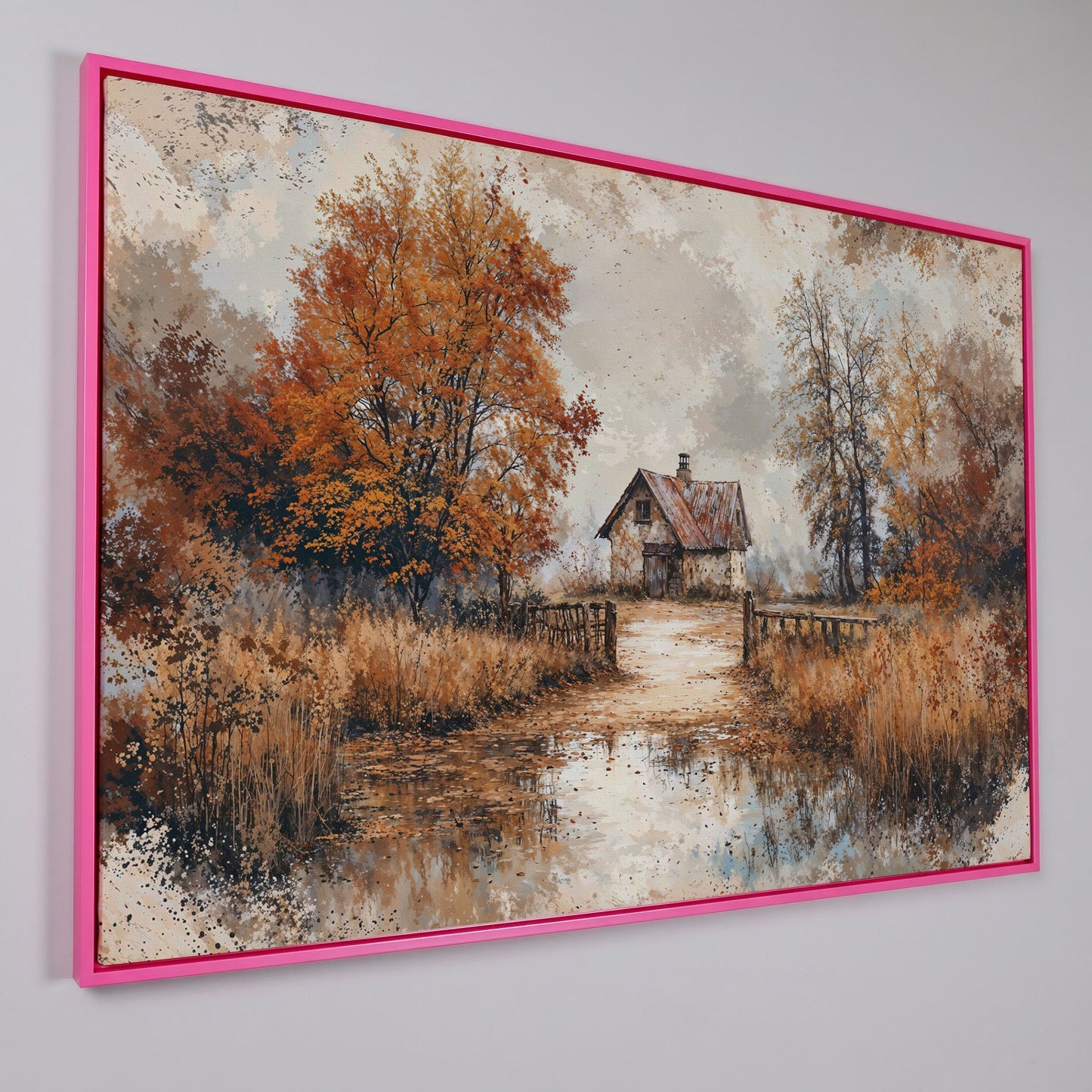 Rustic Log Cabin in Autumn Canvas Wall Art in pink floating frame