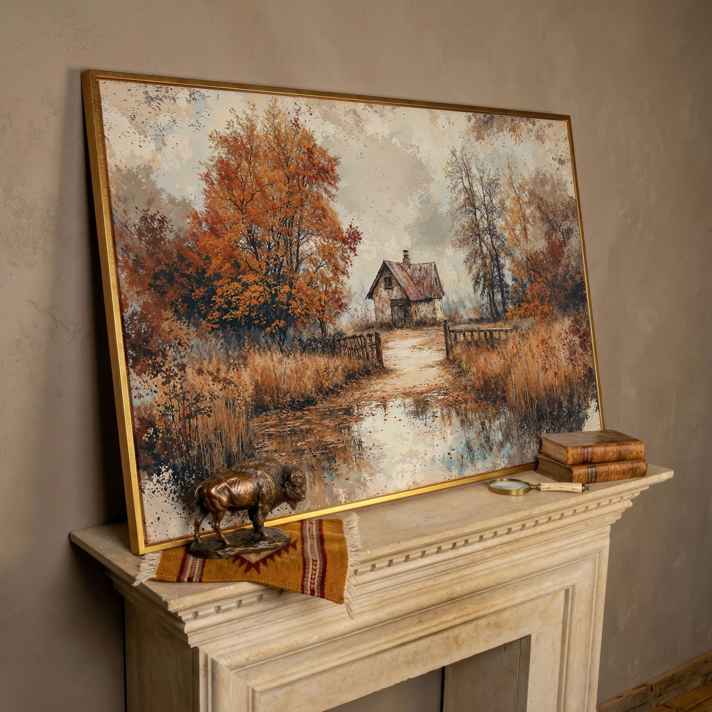 Rustic Log Cabin in Autumn Canvas Wall Art in rose gold floating frame