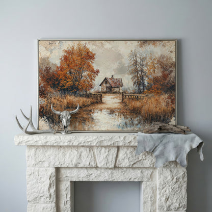 Rustic Log Cabin in Autumn Canvas Wall Art in silver floating frame