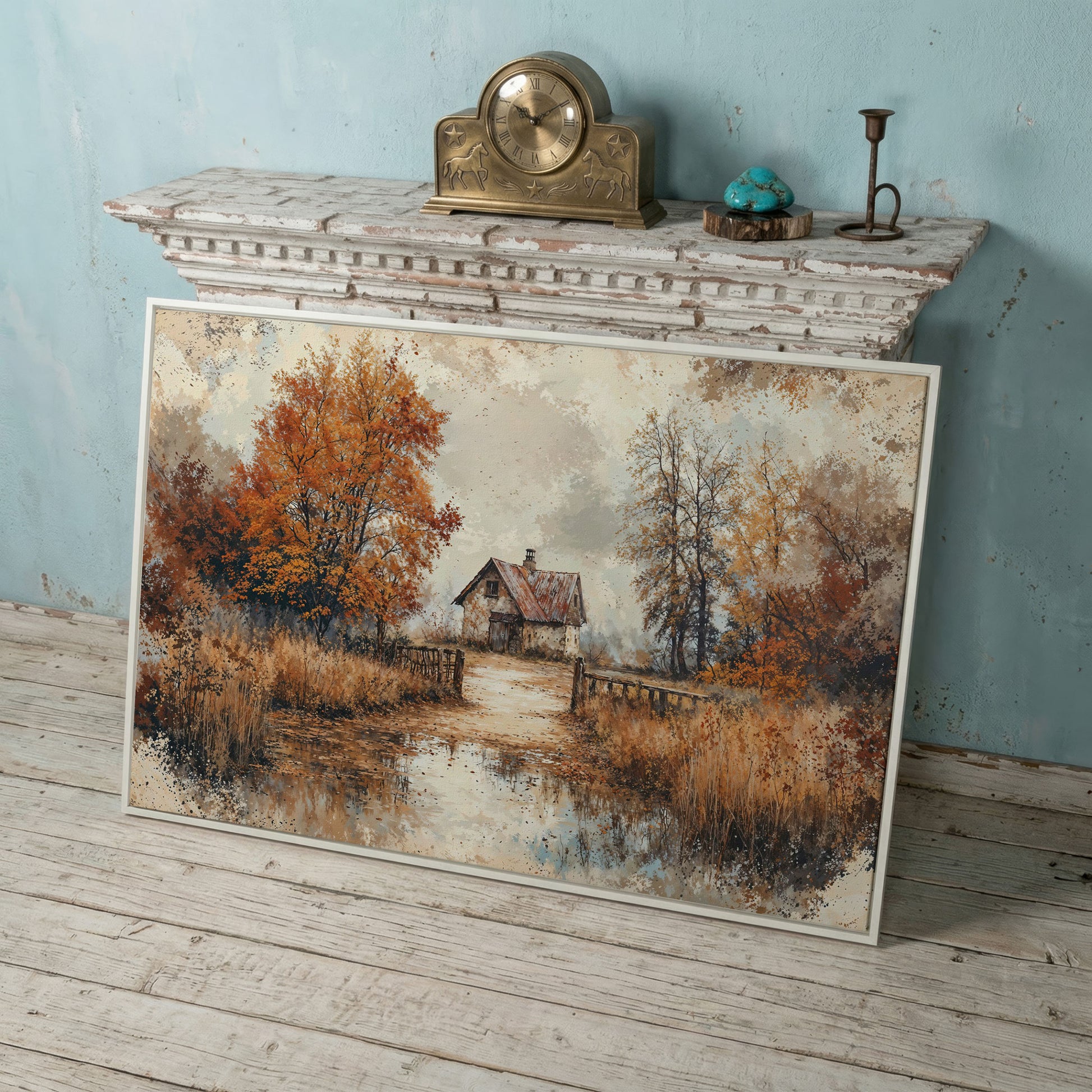 Rustic Log Cabin in Autumn Canvas Wall Art in white floating frame