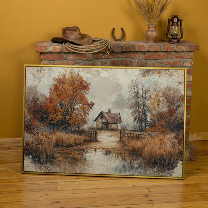 Rustic Log Cabin in Autumn Canvas Wall Art in yellow gold floating frame