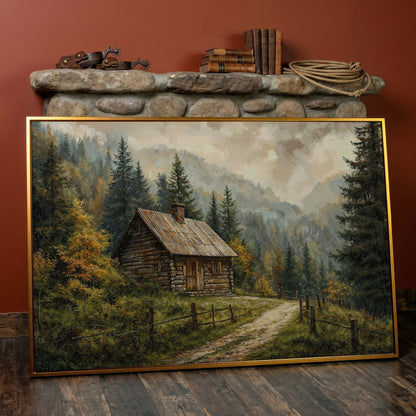 Autumn Forest Mountain Landscape Canvas in antique gold floating frame