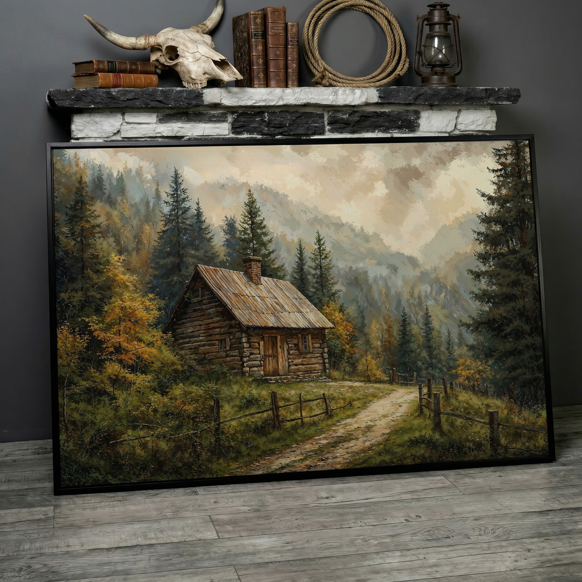 Autumn Forest Mountain Landscape Canvas in black floating frame