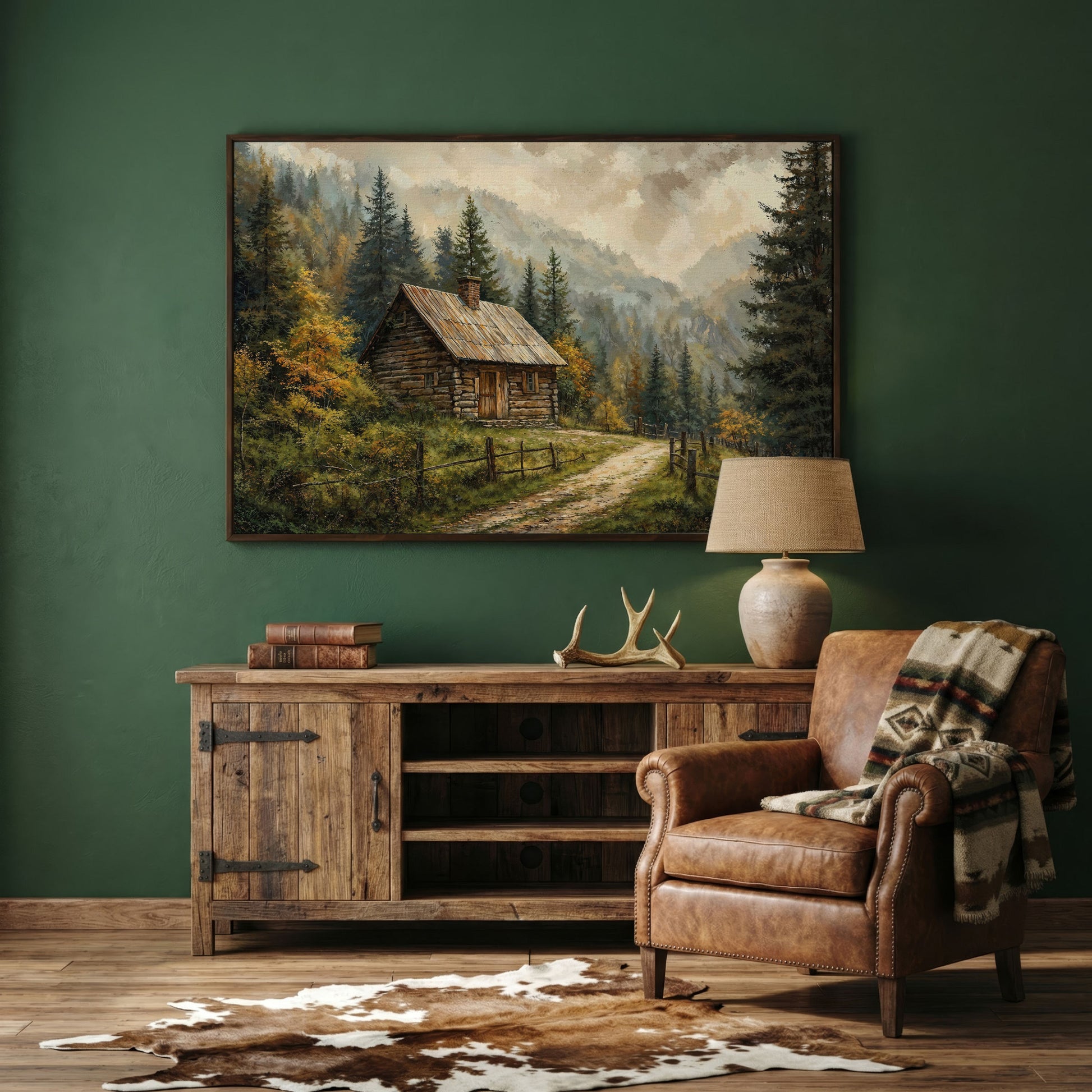 Autumn Forest Mountain Landscape Canvas in dark walnut floating frame