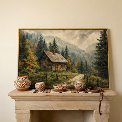Autumn Forest Mountain Landscape Canvas in white oak floating frame